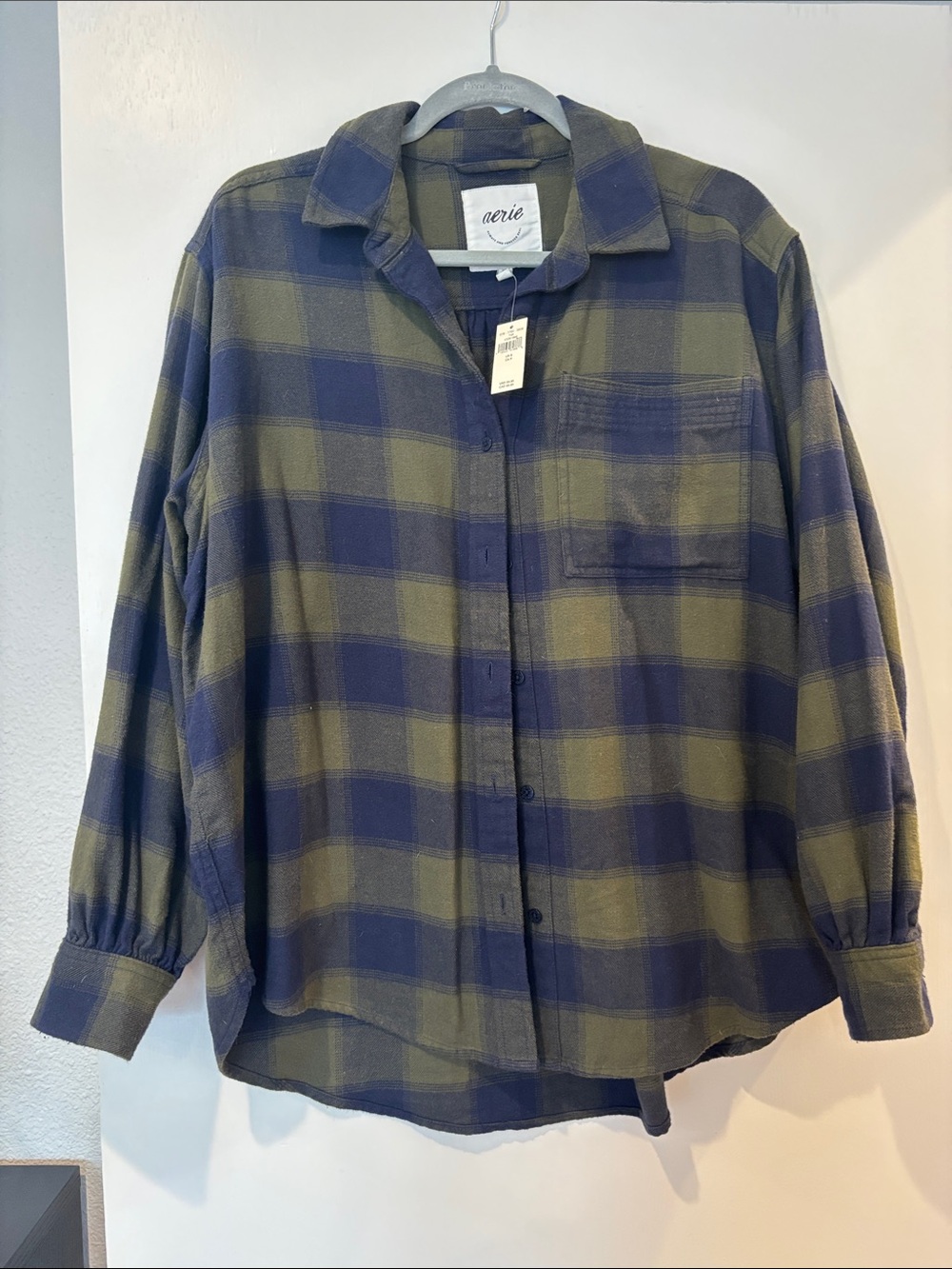 Aerie Olive and Navy Plaid Button-Down Shirt